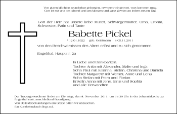 Traueranzeige von Babette Pickel von Hersbrucker Zeitung